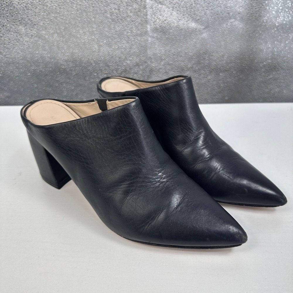 Marc Fisher Ragni Heeled Leather Mules 7.5 Black Pointed Toe Block Heel